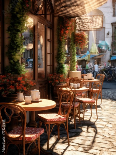 Typical European small cozy sidewalk cafe in the morning in summer, no people, vertical photo, selective focus.