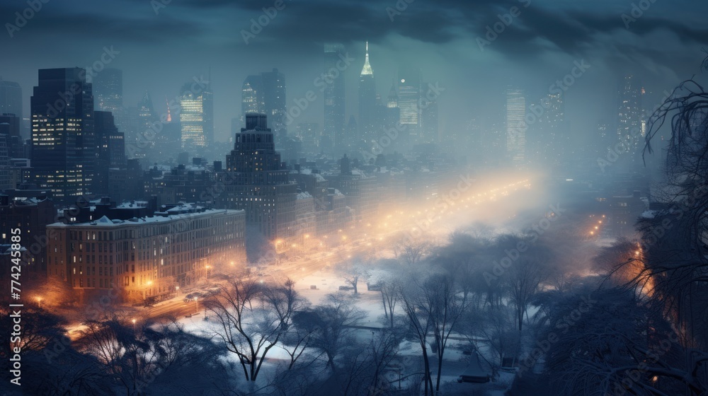 High angle view of a large city at night with snow and fog in winter.