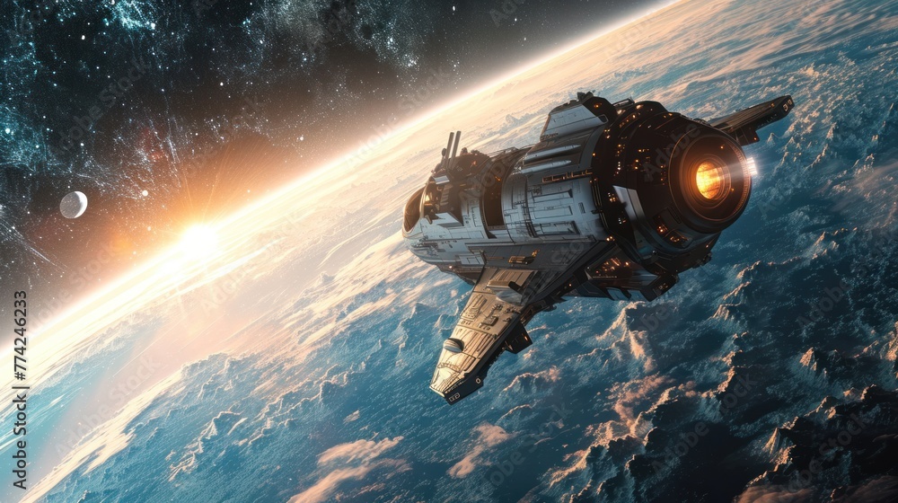 custom made wallpaper toronto digitalA space airplane spaceship flying over a giant planet in space.