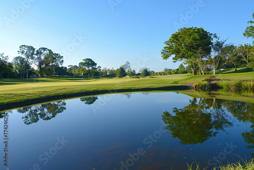 A tranquil water hazard reflecting the clear sky on a sunny day.