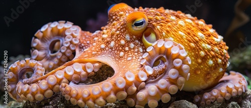   A tight shot of an orange-white octopus, displaying surprise, perched on a rock © Jevjenijs