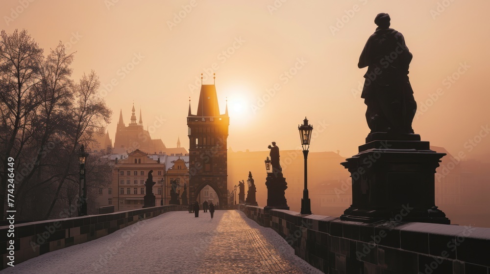 Charles bridghe with beautiful historical buildings at sunrise in winter in Prague city in Czech Republic in Europe.