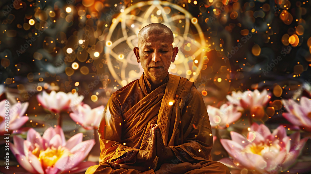 Fototapeta premium Serene Buddhist monk meditates in lotus position surrounded by mystical bokeh light and lotus flowers. Religion, traditional eastern meditation, prayer, spiritual practice