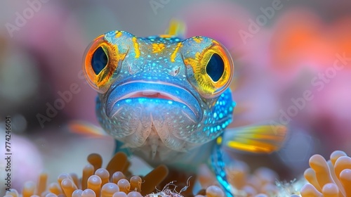  A detailed view of a blue-yellow fish near coral, sporting an orange eye ring
