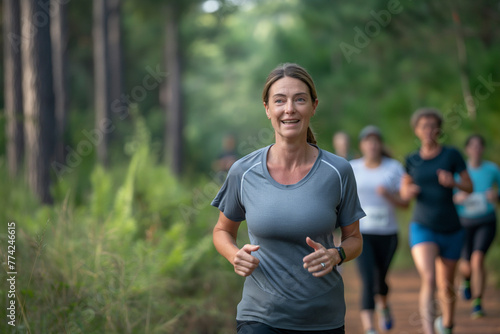 Middle-aged woman in sportswear, short-sleeved shirt, with her friends running trail, in pine forest. © Piyaphorn