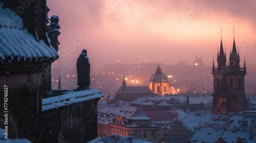 Statue on rooftop with beautiful historical buildings at sunrise in winter in Prague city in Czech Republic in Europe.