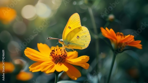 A vibrant yellow butterfly perches on a bright orange flower, illuminated by soft sunlight amidst a green backdrop. © Artsaba Family