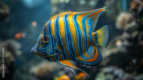  A tight shot of a blue-yellow fish against an aquarium backdrop, teeming with corals and additional fish