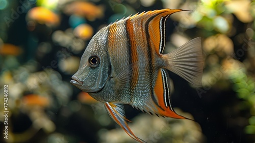  A tight shot of a fish swimming in an aquarium, surrounded by other fish in the backdrop, and a plant bringing color in the foreground
