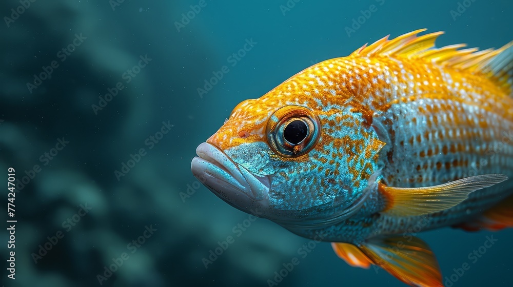 Fototapeta premium A tight shot of a yellow-blue fish with a black-white stripe on its dorsal side