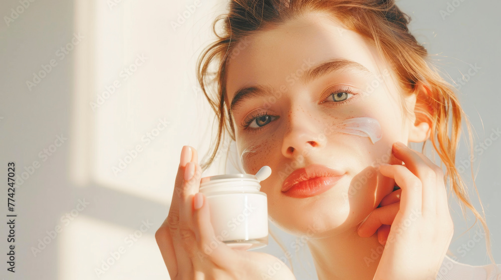 Confident Woman Applying Luxurious Cosmetic Cream, Skincare Routine Concept Confident Woman Applying Luxurious Cosmetic Cream, Skincare Routine Concept