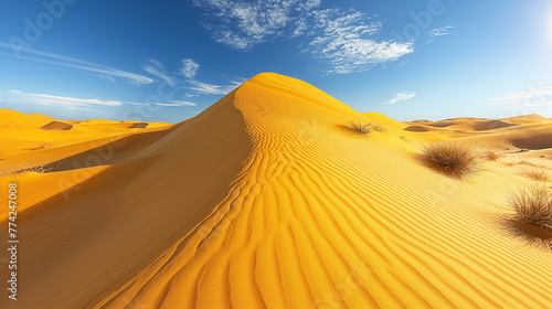 The striking symmetry of a golden sand dune, with its ridges and textures, stands under the azure sky, a testament to the stark beauty of the desert.