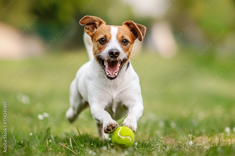 happy jack russell terrier dog running and bringing a tennis ball