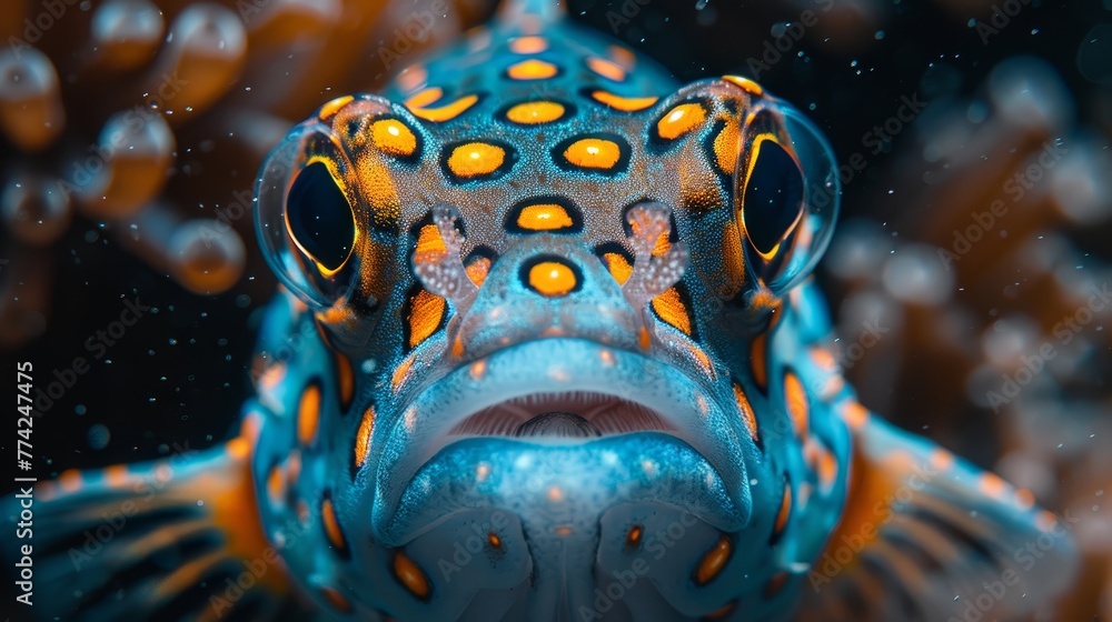   A blue-yellow fish with orange spots on its face, against a black backdrop ..Or, if you prefer to maintain the original word order:. - obrazy, fototapety, plakaty 