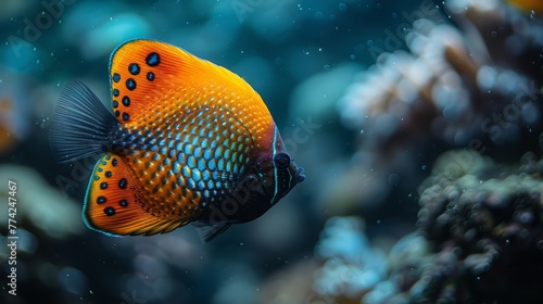   A tight shot of a vibrant blue-orange fish against a backdrop of intricate corals and crystal-clear water © Jevjenijs
