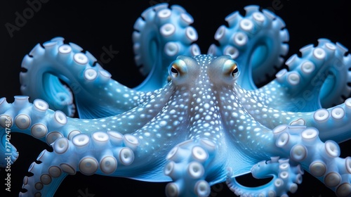  A tight shot of a blue-white octopus against a black backdrop, its body speckled with white dots
