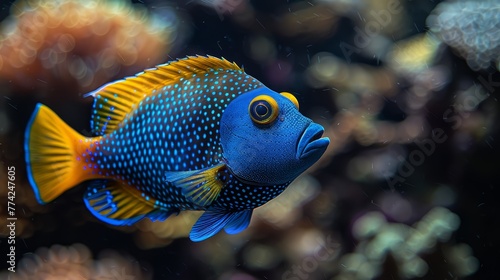  A tight shot of a blue-yellow fish in an aquarium amidst various other fish in the surrounding water