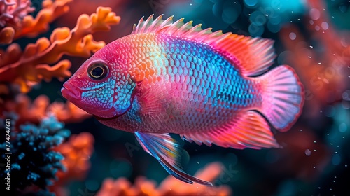  A tight shot of a blue-red fish next to corals; backdrop features various corals