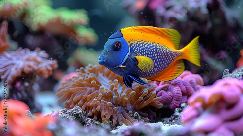   A blue-yellow fish perches atop an orange-white sea anemone within a coral reef