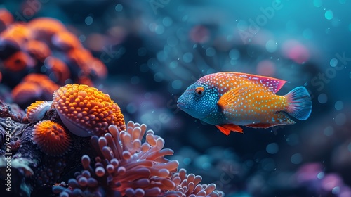   A tight shot of a fish against a backdrop of various corals, with corals prominent in the foreground © Jevjenijs
