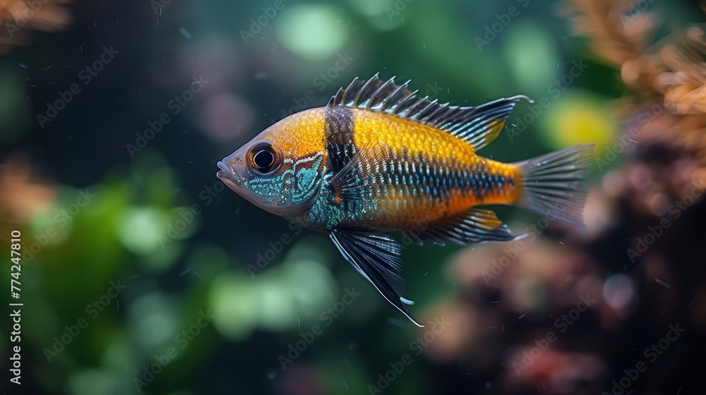 A tight shot of a fish swimming against clear water, surrounded by plants in the background and foreground A tight shot of a fish swimming against clear water, surrounded by plants in the background and foreground