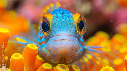  A tight shot of a blue-yellow fish's face with vibrant orange and yellow corals in the background