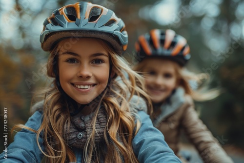 Siblings with helmets share a joyful moment riding bikes in a blur of autumnal colors