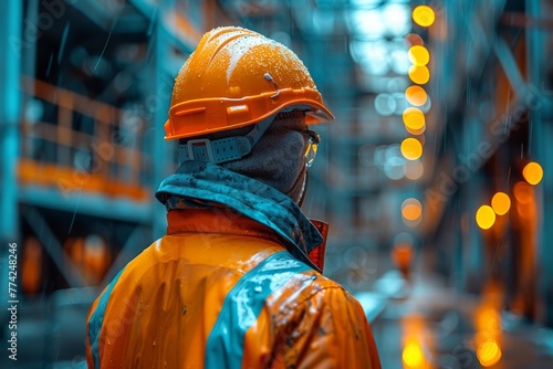 A construction worker wearing orange safety helmet and reflective jacket stands amidst industrial site