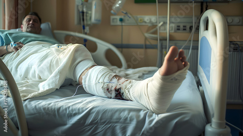 patient lying in hospital bed with broken leg bone wrapped in ca #774248428