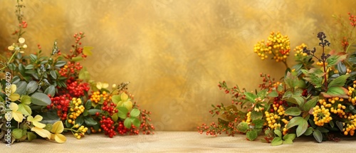  A tight shot of an array of flowers on a table, with a backdrop of a nearby wall, and a vase filled with blooms in the frontal view