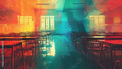 collage of classroom interior with school desks and chairs. Generative AI photo