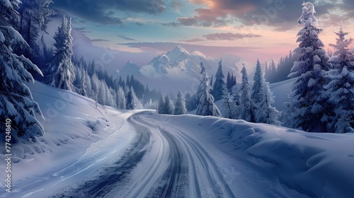 Illustrate the enchanting winter scenery with a prompt featuring a snow-covered road winding through the landscape © lara