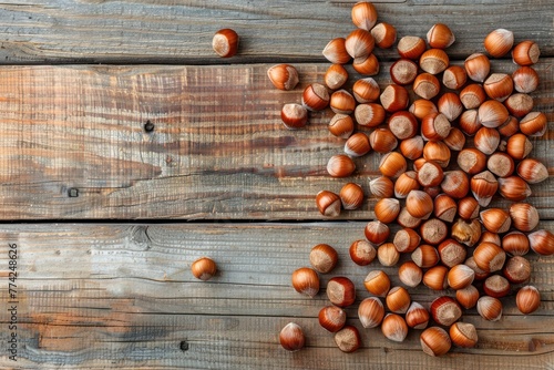 hazelnuts spilled on a wooden table - overhead view photo