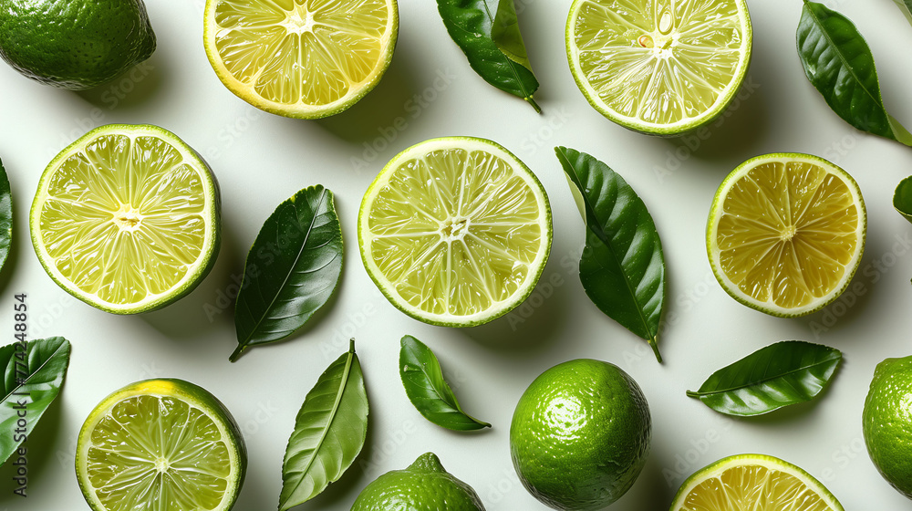 Fresh limes and leaves pattern on white background, top view. Fresh limes and leaves pattern on white background, top view.