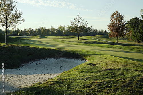 A challenging dogleg hole with bunkers strategically placed along the fairway. photo