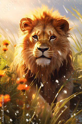 Realistic lion in nature. Made by AI.   © Felipe