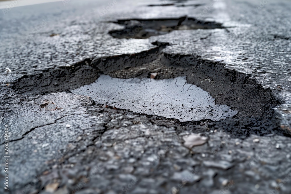 Hole in asphalt on road. Asphalted highway with cracks. Road repair, Damaged asphalt Hole in asphalt on road. Asphalted highway with cracks. Road repair, Damaged asphalt