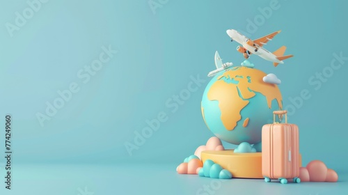 travel holiday conceptual 3D rendering. light image with 3D rendering of an airplane and suitcase and globe.
