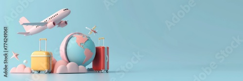 travel holiday conceptual 3D rendering. light image with 3D rendering of an airplane and suitcase and globe.