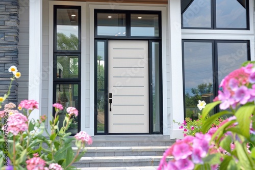 Modern White Front Door With Black Frame and Sidelights © Nikki AI