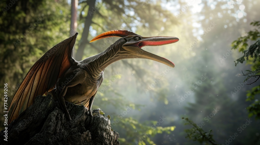 Obraz premium Flying dinosaur, Pterodactyl, rest on tree in prehistoric forest. Photorealistic.
