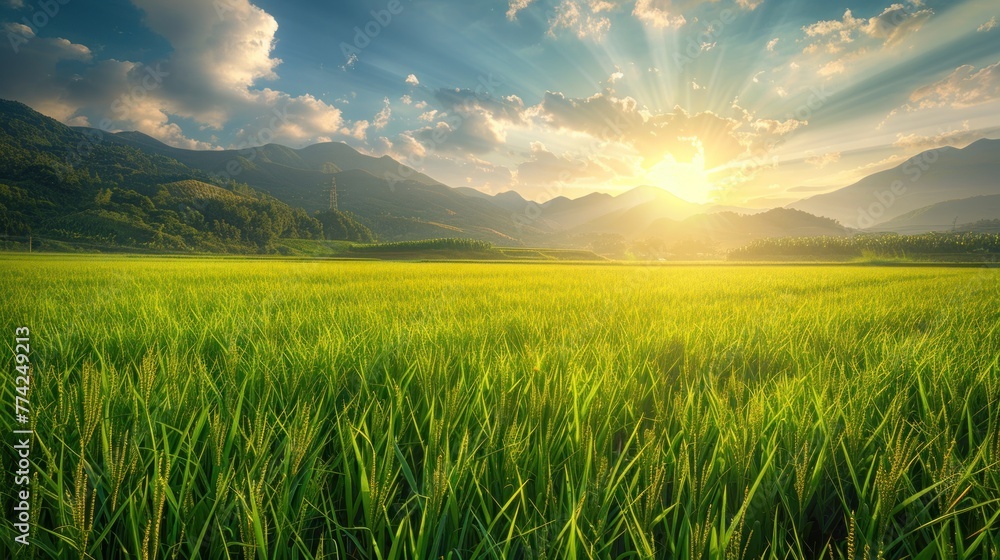 Green fields at sunset.AI generated image Green fields at sunset.AI generated image