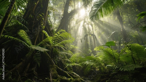 Prehistoric forest jungle with giant trees.