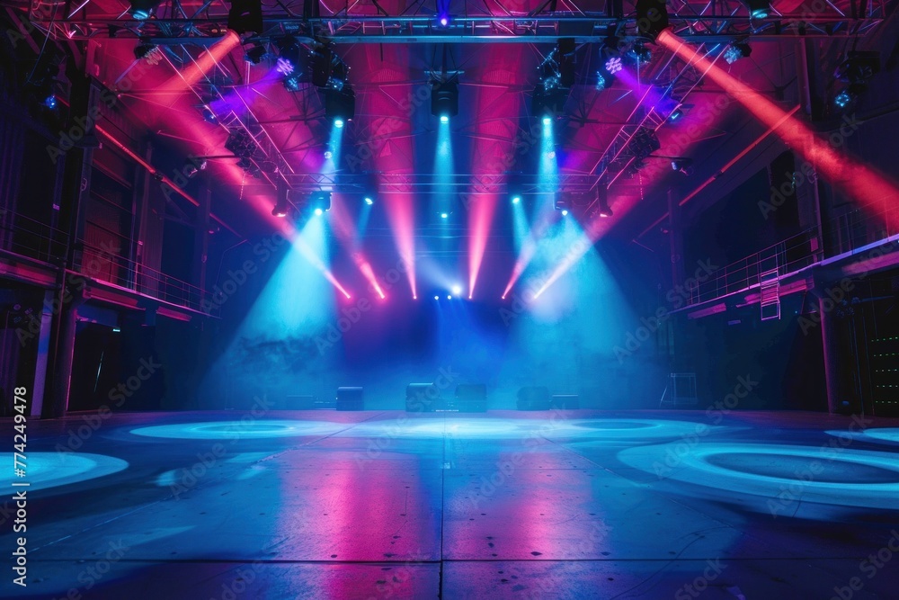 dance floor in a big hall in the nightclub or in the concerthall. Colored bright lights from the stage - obrazy, fototapety, plakaty 