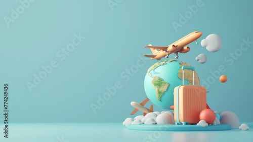 travel holiday conceptual 3D rendering. light image with 3D rendering of an airplane and suitcase and globe.
