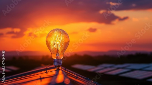 In the warm hues of a sunset, the silhouette of solar energy panels is creatively framed within the contours of a light bulb