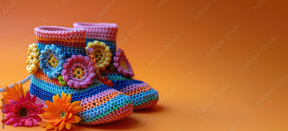 Colored handmade crochet baby boots with Irish lace. Copy space for text. Horizontal banner