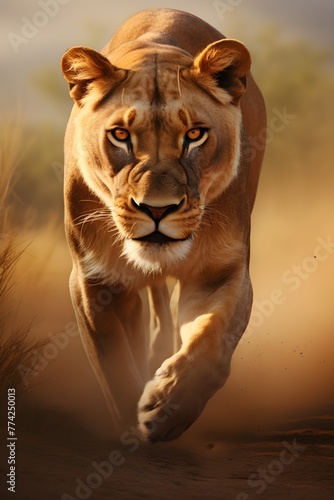 Realistic lion in nature. Made by AI.