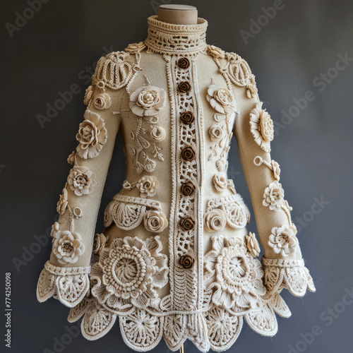 Handmade crochet coat with flowers in Irish lace style photo