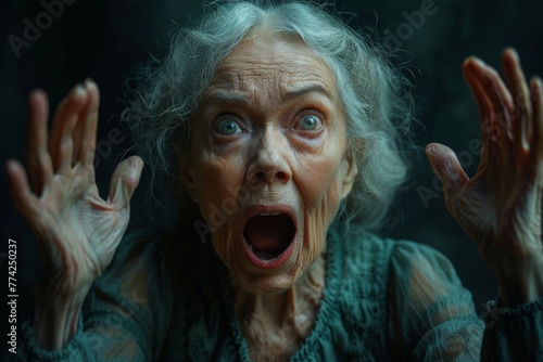 Close up of an elderly woman with hands up and mouth open in a surprised expression photo